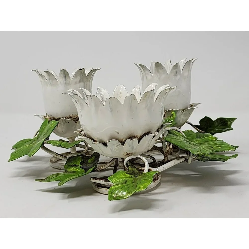 Vintage Painted Metal Flower‎ And Leaves Metal Candle Holder
